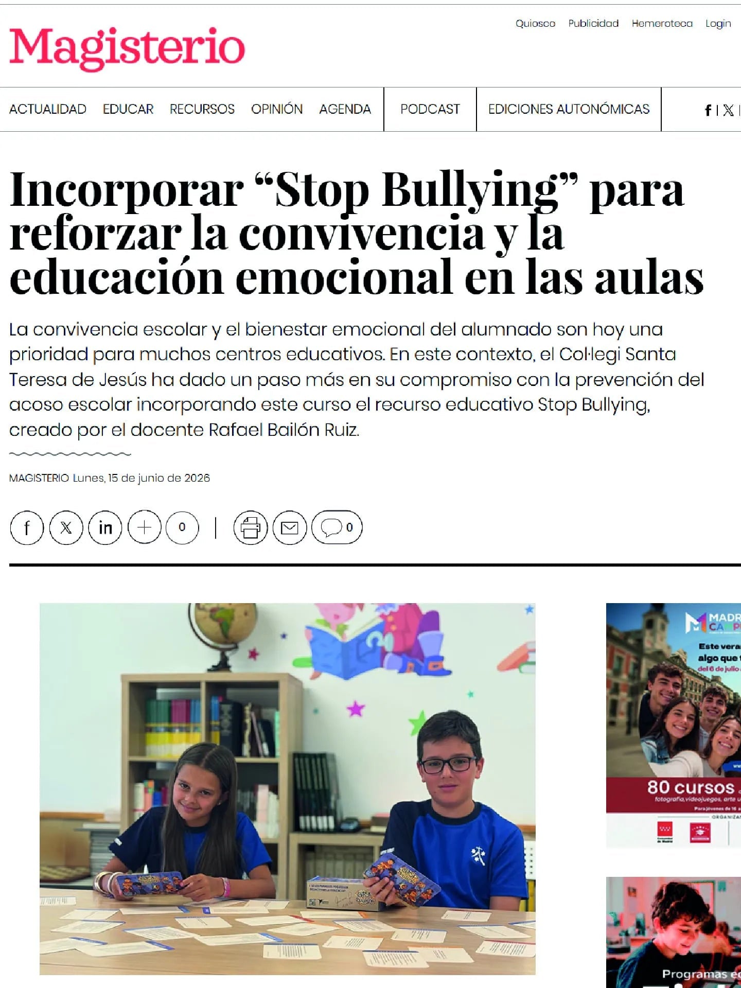 Magisterio divulga como se está utilizando STOP Bullying para reforzar la convivencia y la educación emocional en las aulas